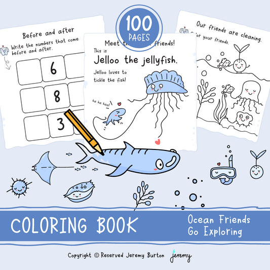 Ocean Friends Go Exploring - Cute and Easy Colouring Book (A4 & US Letter PDF)